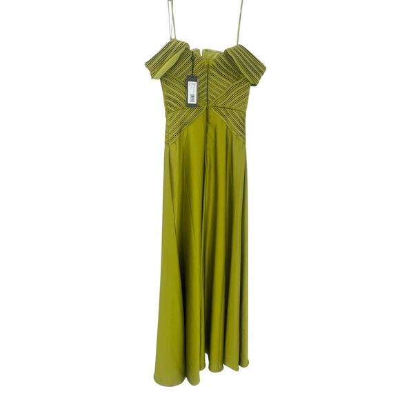 Theia Venus Pleated Off-Shoulder Drape A-Line Gown Peridot Size 0 NWT - Picture 8 of 15